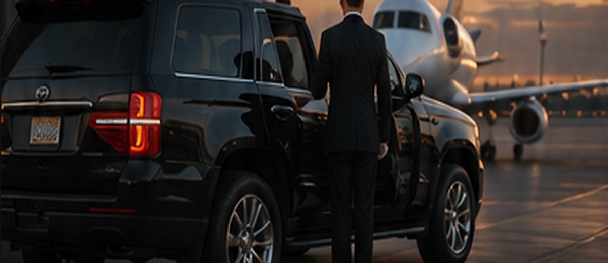 Chauffeur beside a black SUV near a private jet