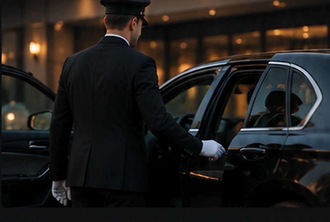 Professional chauffeur opening a black luxury sedan