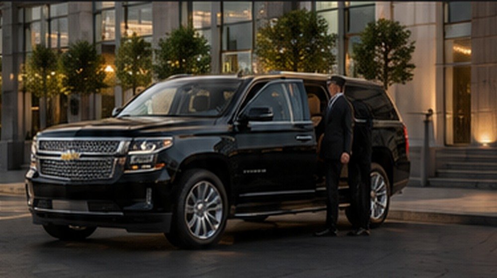 Black luxury SUV with professional chauffeur outside an executive building