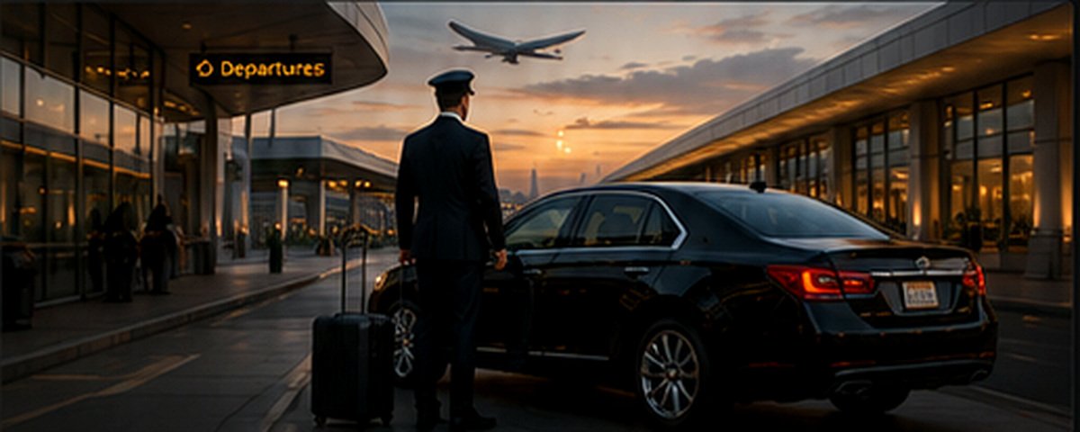 Professional chauffeur waiting beside a luxury sedan at an airport terminal