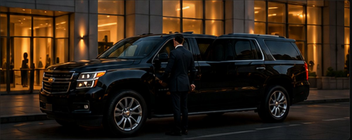 Executive chauffeur opening a black SUV at a corporate building