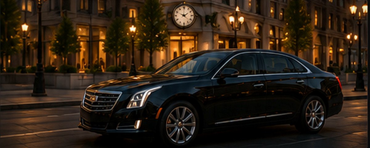 Luxury black sedan parked outside an illuminated hotel for hourly chauffeur service