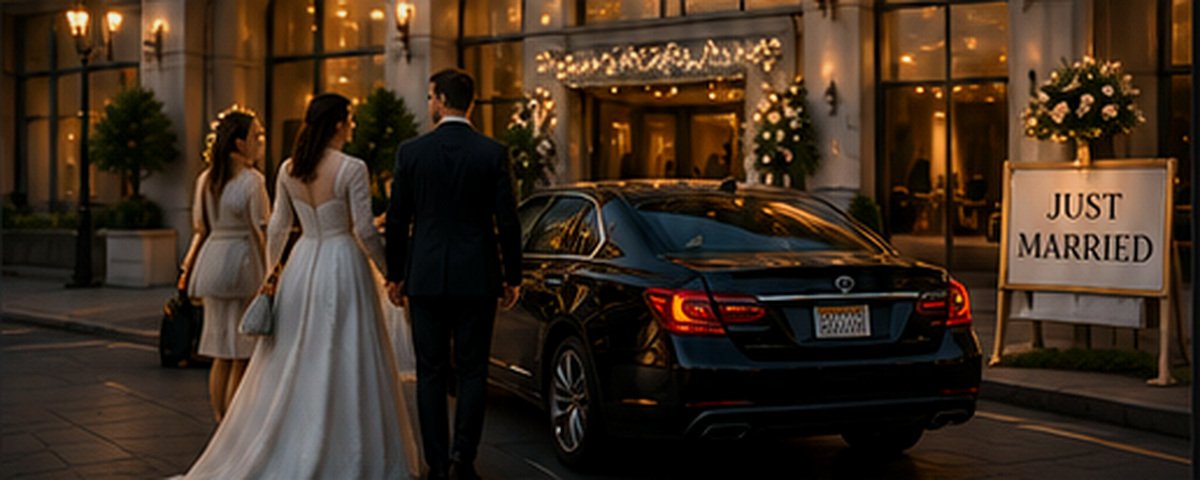 Wedding guests arriving beside a black luxury sedan at an elegant venue